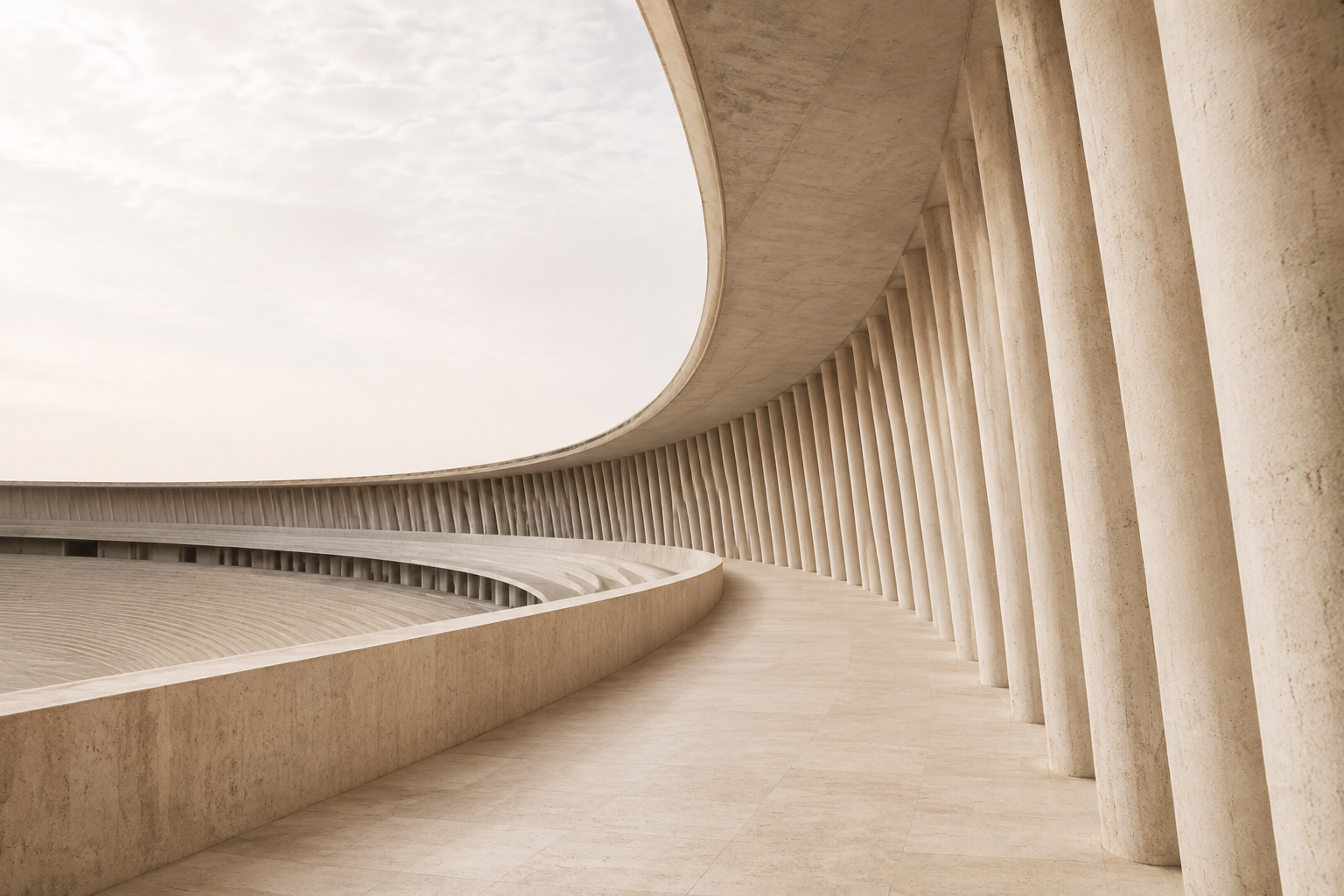 A conceptual sunlit concourse with sweeping stone curves and a rhythm of columns